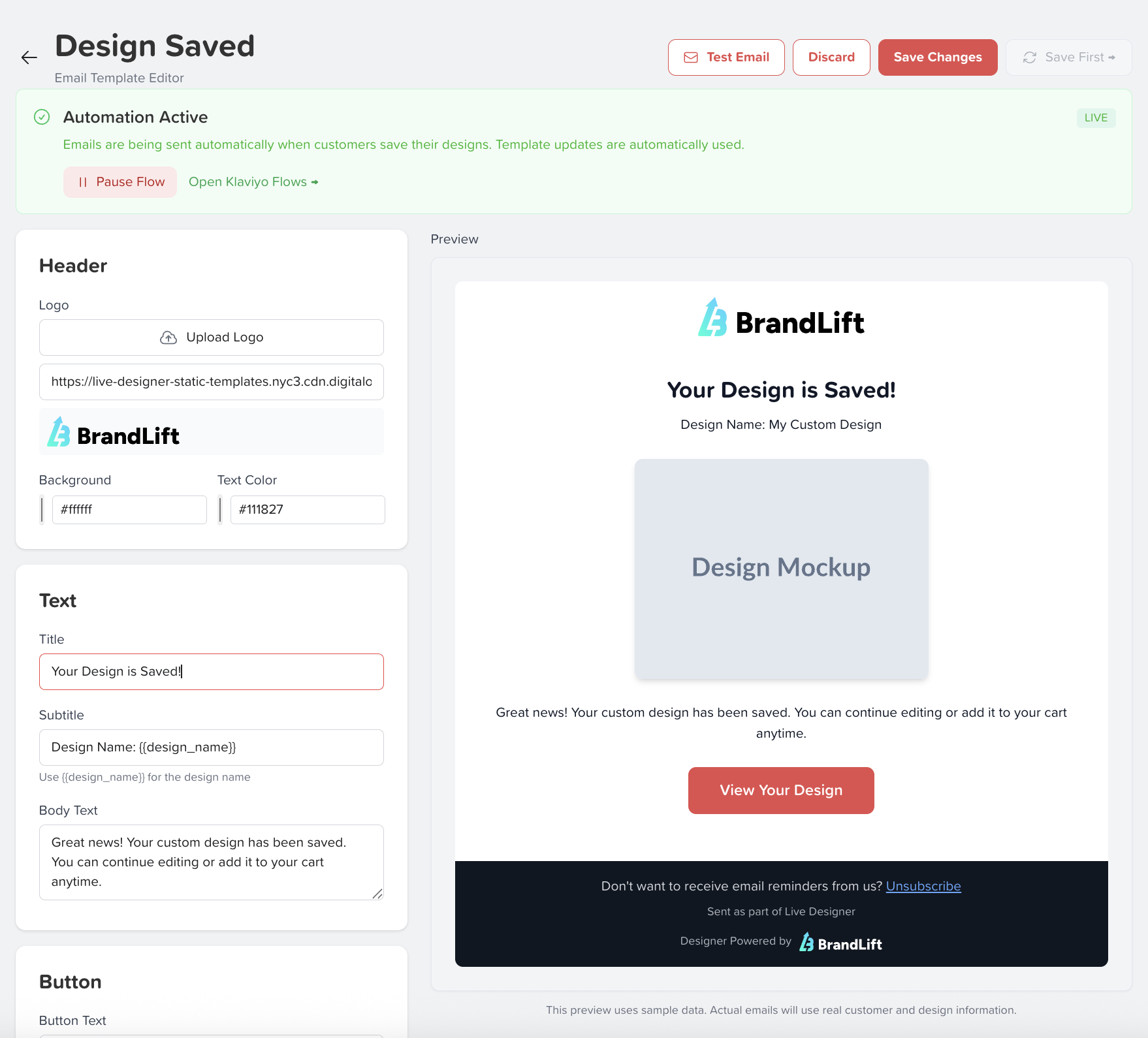 Klaviyo email template editor showing a Design Saved notification email
